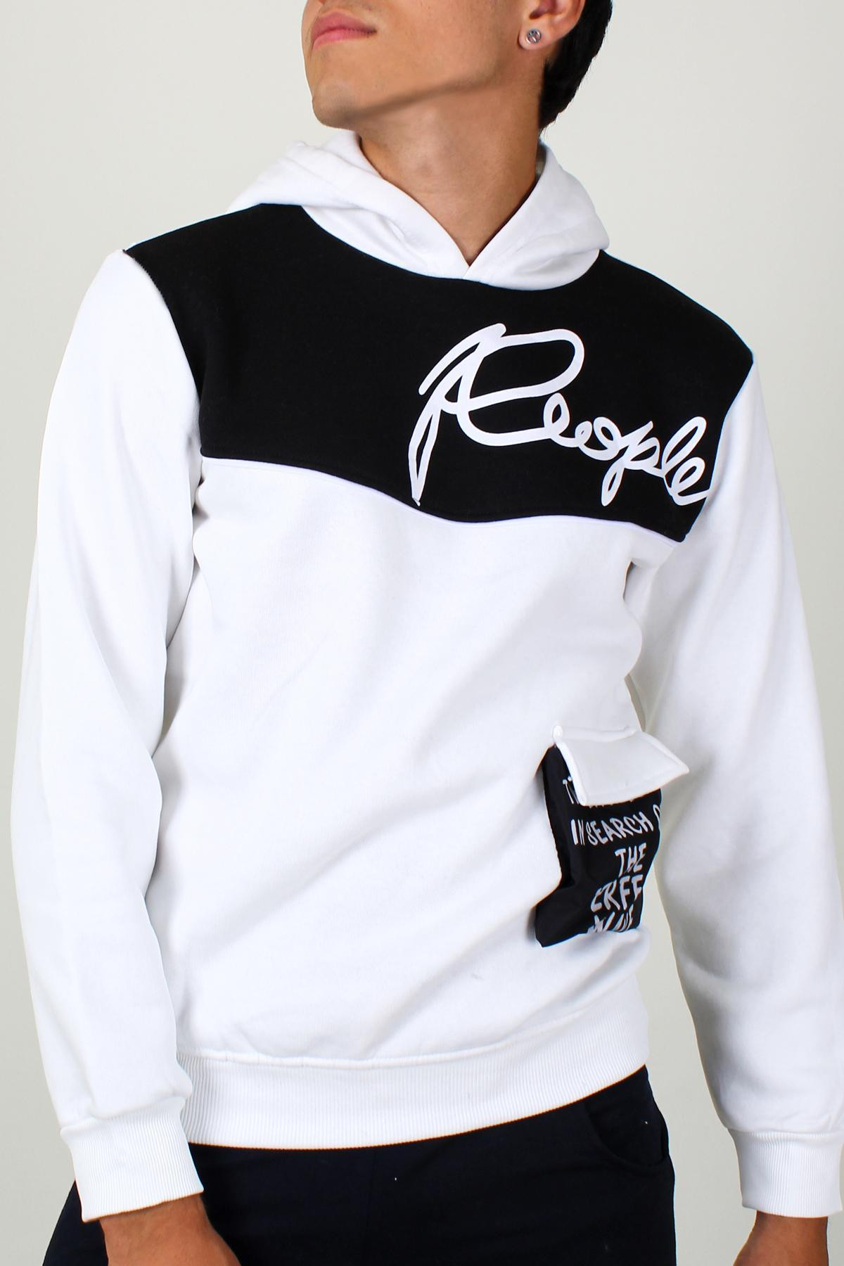 Beyaz Erkek Cocuk Sweatshirt Kapşonlu Cep Detaylı 414 Yaş