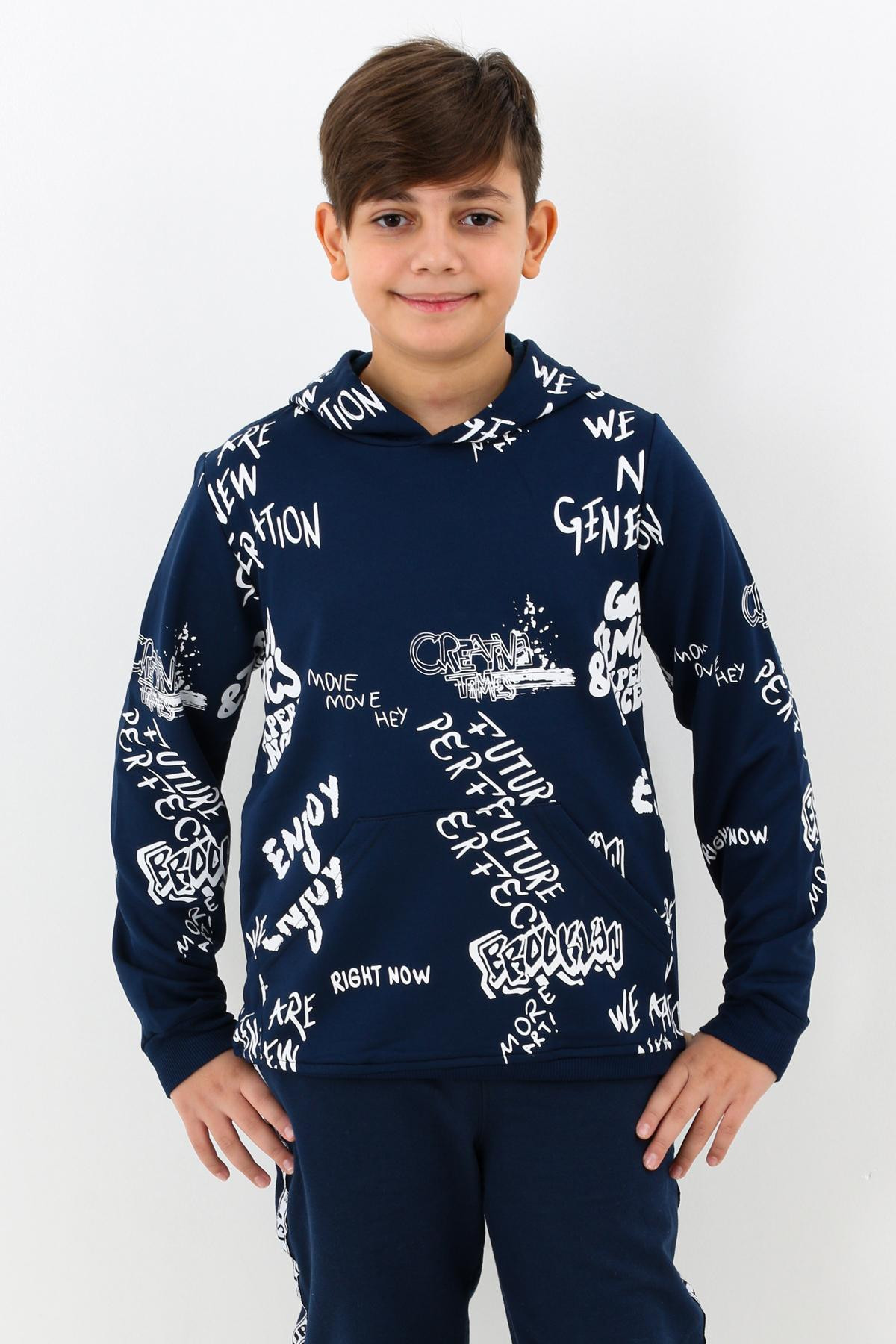 Lacivert Çocuk Erkek Kapşonlu Pano Baskılı Sweatshirt