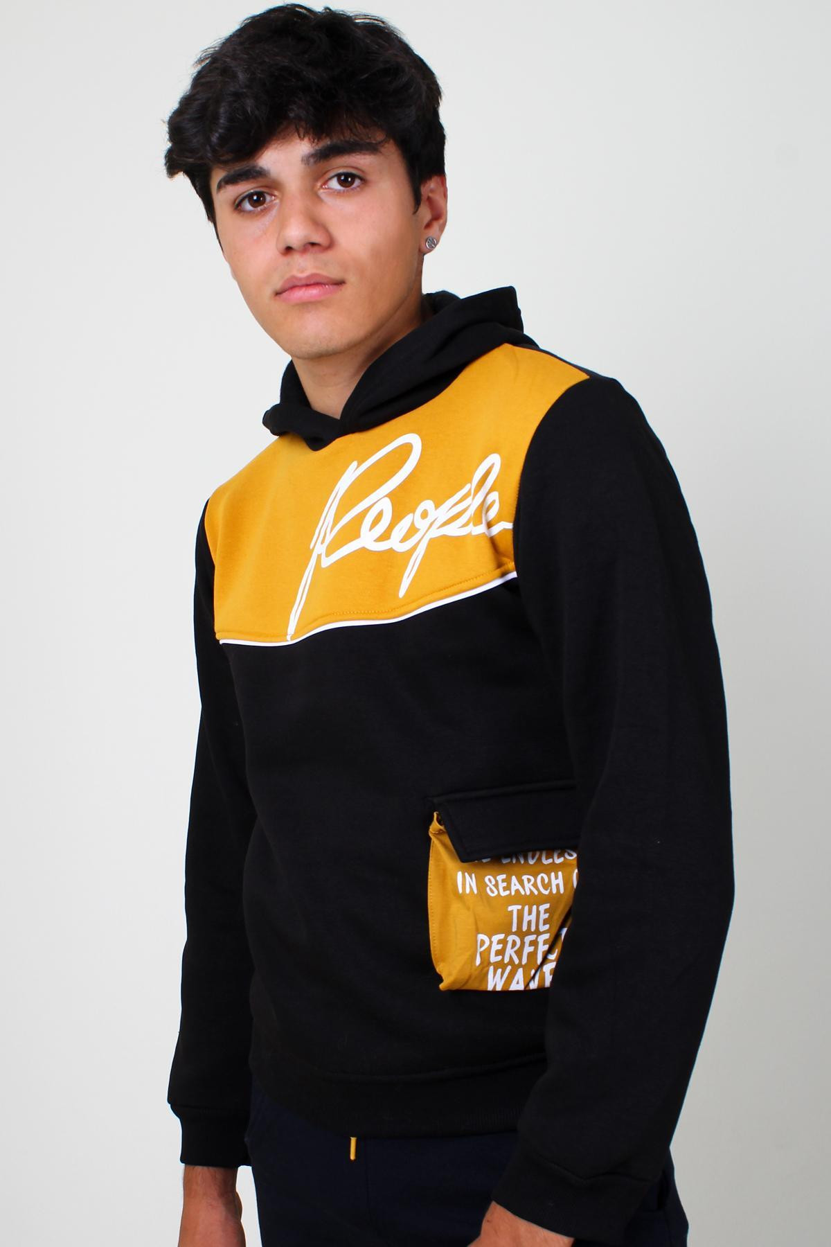 Siyah Erkek Cocuk Sweatshirt Kapşonlu Cep Detaylı 414 Yaş