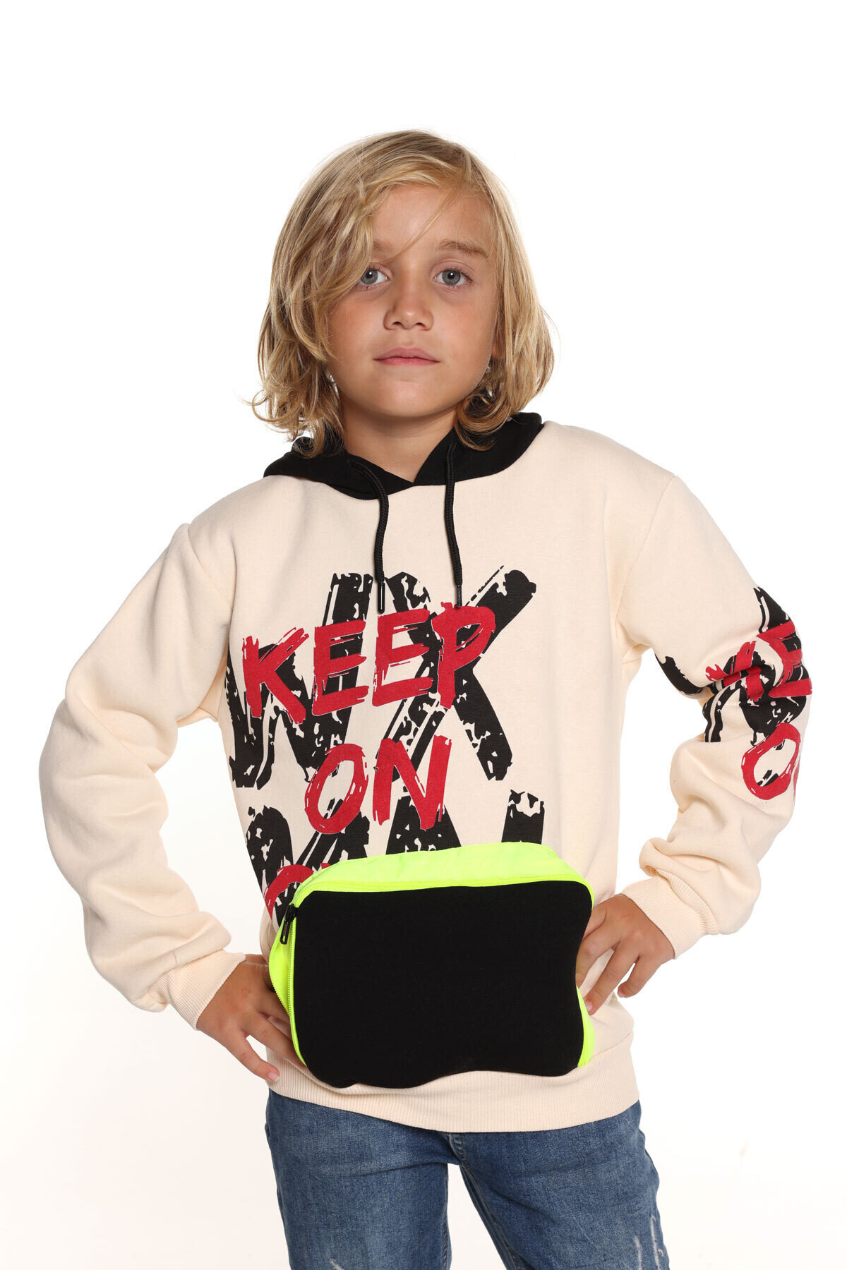 Erkek Cocuk Krem 3 Iplik Kapsonlu Sweatshirt 5665