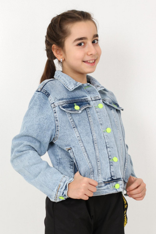 Mavi Kız Çocuk Arkası Baskılı Kot Jean Çeket